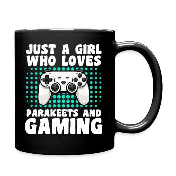 Gamer and Parakeets: Video Games and Colorful Adventure - Full Colour Mug - black - Right