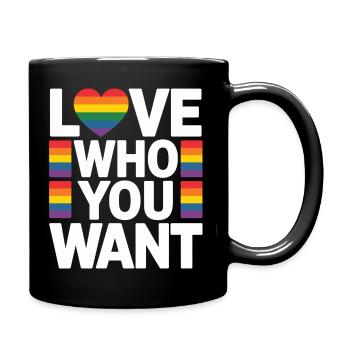 Liebe wen du willst: Regenbogenherz - Tasse einfarbig - Schwarz - Rechts
