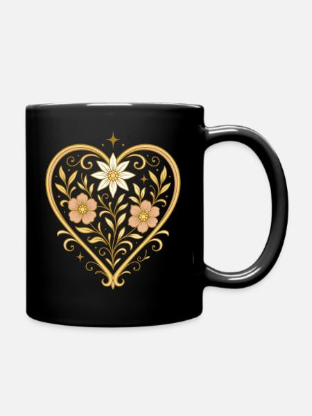 Blumenherz mit Edelweiß - Tasse einfarbig - Schwarz