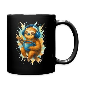 Watercolor sloth with headphones - Full Colour Mug - black - Right