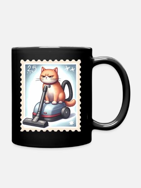 Fun Cat auf Staubsauger - Tasse einfarbig - Schwarz
