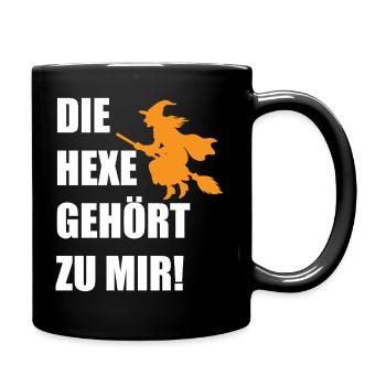 Die Hexe gehört zu mir! Lustiges Hexen Halloween - Tasse einfarbig - Schwarz - Rechts