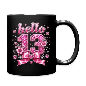Hello 13 Diamonds and Pink Bow | Birthday - Full Colour Mug - black - Right