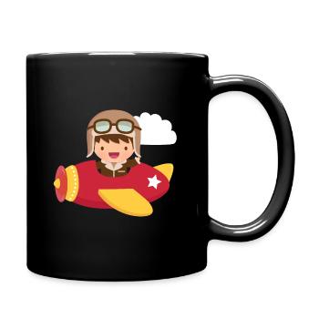 Cute Aviator Pilot Boy in Flying Plane - Full Colour Mug - black - Right