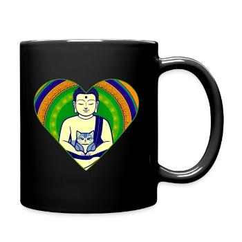 Buddha with cat in colorful heart shape - Full Colour Mug - black - Right