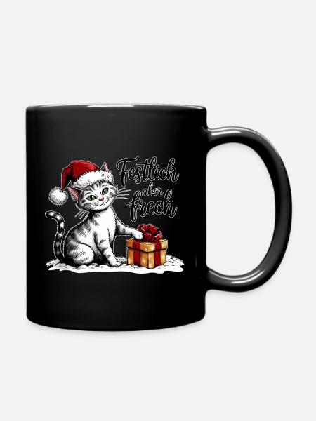 Weihnachts Katze – lustiges Wintermotiv - Tasse einfarbig - Schwarz