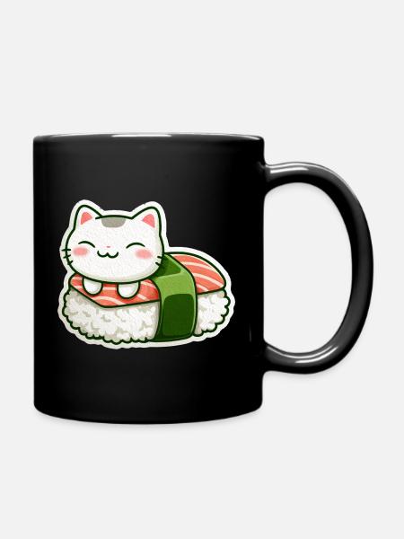 Kawaii Sushi Cat on Roll - Full Colour Mug - black