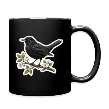 Merle sur branche fleurie - Conception printanière - Mug uni - noir - Droite