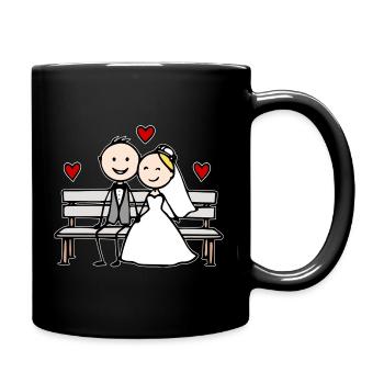 Wedding couple cartoon on the bench - Full Colour Mug - black - Right