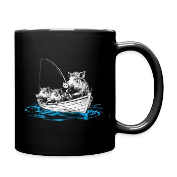Wild boars on fish – illustration of wild boars in a boat - Full Colour Mug - black - Right