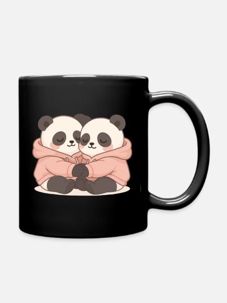 Kuschelnde Pandas im Hoodie – Pastell Kawaii - Tasse einfarbig - Schwarz