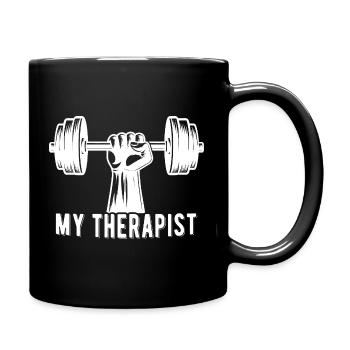 Mein Therapeut Dumbbell Gym Bodybuilding lustig - Tasse einfarbig - Schwarz - Rechts