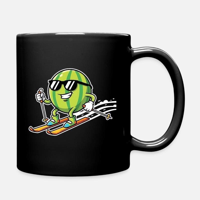 Watermelon on skis with sunglasses - Full Colour Mug - black