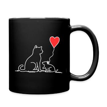 Katze und Maus mit Herzbalon - Tasse einfarbig - Schwarz - Rechts