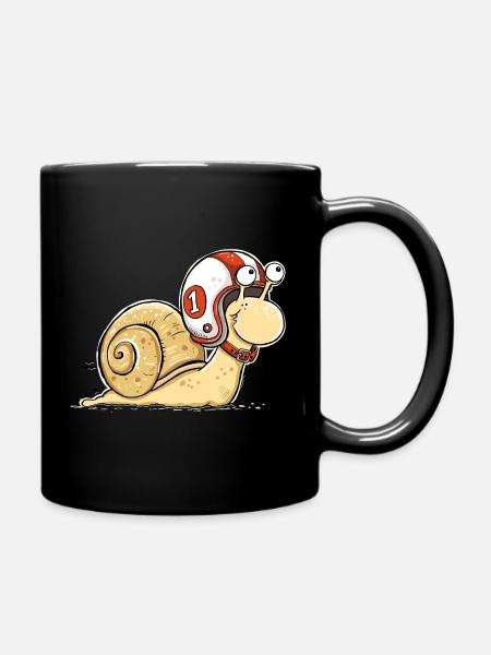 Vollgas Schnecke – Lustige Rennschnecke mit Helm - Tasse einfarbig - Schwarz