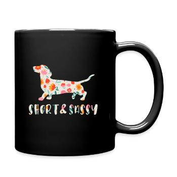 Kleiner und frecher Dackel blumig - Tasse einfarbig - Schwarz - Rechts