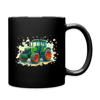 Aquarellischer Traktor mit lebendigen Farben - Tasse einfarbig - Schwarz - Rechts