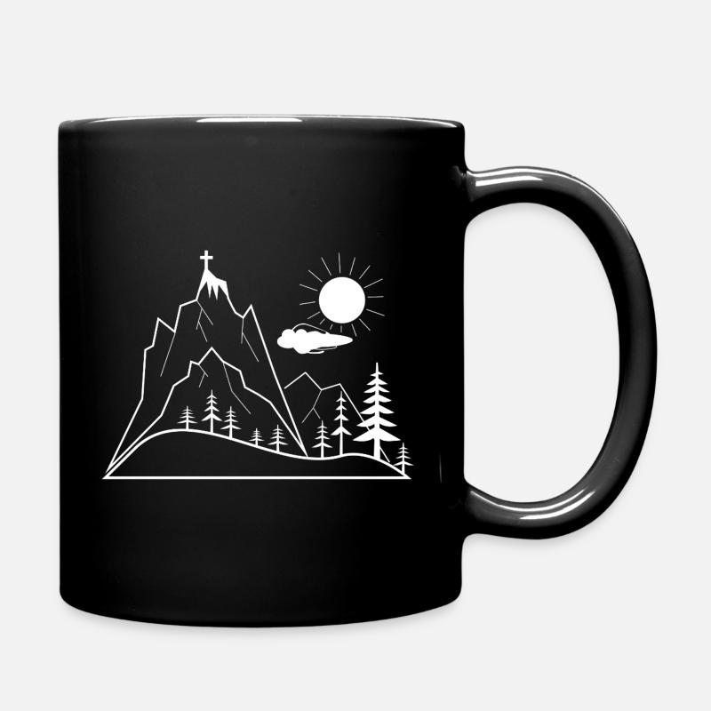 Gipfelkreuz und Berglandschaft Illustration - Tasse einfarbig - Schwarz