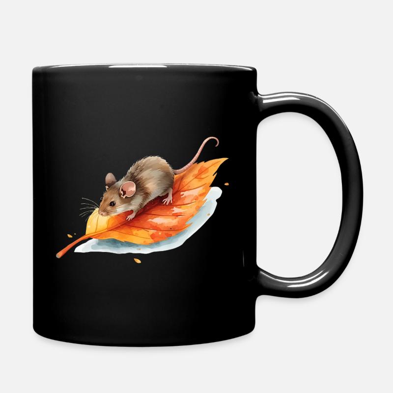 Mouse on Autumn Leaf Watercolor Motif - Full Colour Mug - black