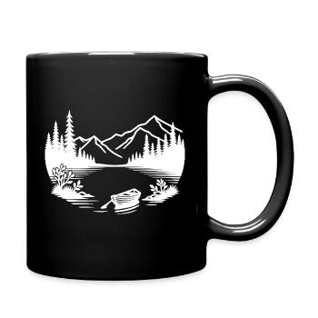 Minimalist mountain lake with rowing boat - Full Colour Mug - black - Right