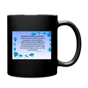 Soothing Bible Verse with Blue Flowers - Full Colour Mug - black - Right
