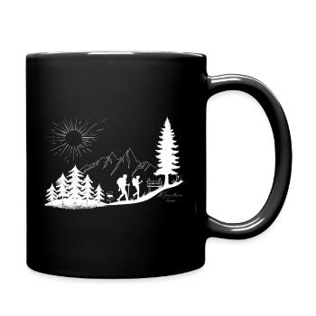 Sunrise over mountain landscape with hikers - Full Colour Mug - black - Right