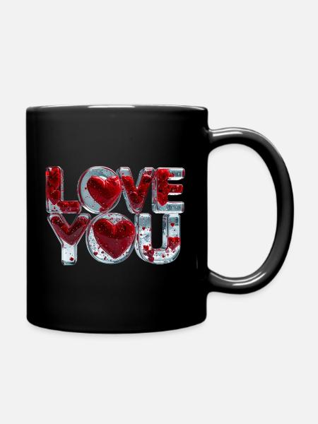 Love You – 3D Wasserbuchstaben voller Herzen - Tasse einfarbig - Schwarz