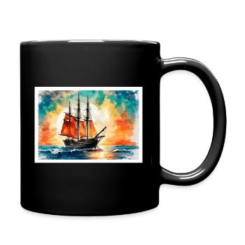 Rotes Segelschiff im Sonnenuntergang - Tasse einfarbig - Schwarz - Rechts