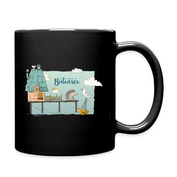 Pfahlbauten Bodensee - Süßes Motiv mit Igel & Möwe - Tasse einfarbig - Schwarz - Rechts