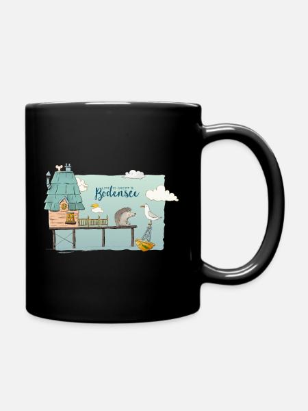 Pfahlbauten Bodensee - Süßes Motiv mit Igel & Möwe - Tasse einfarbig - Schwarz