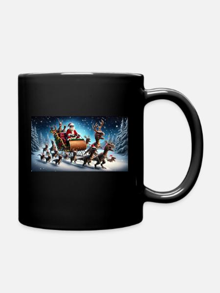 Weihnachtsmann mit Schlitten und T-Rex - Tasse einfarbig - Schwarz