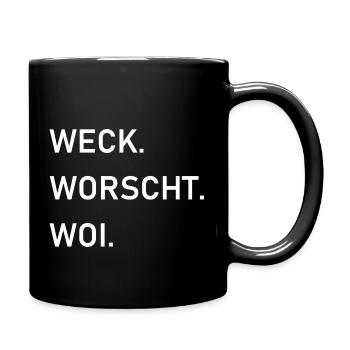 Weck-Worscht-Woi, weiß - Tasse einfarbig - Schwarz - Rechts