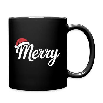 Merry Christmas Script with Santa Hat - Full Colour Mug - black - Right