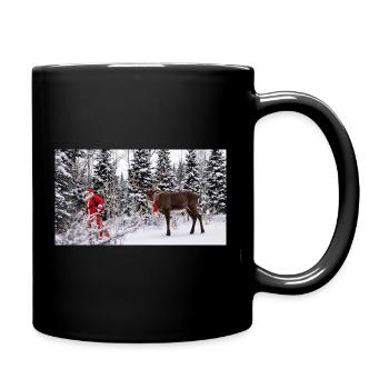 Winterfreude: Santa und Rentier im Schnee - Tasse einfarbig - Schwarz - Rechts