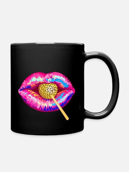 Pop-Art Lippen küssen Leopard - Fell - Lolli - Tasse einfarbig - Schwarz