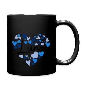Luna Namensdesign mit herzförmigen blauen Herzen - Tasse einfarbig - Schwarz - Rechts