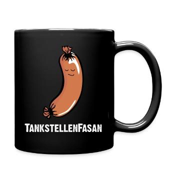 TankstellenFasan. Knackwurst oder Bockwurst - Tasse einfarbig - Schwarz - Rechts