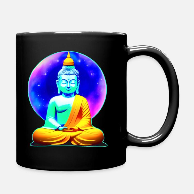 Bunter Buddha in Yoga Position Hintergrund Univers - Tasse einfarbig - Schwarz