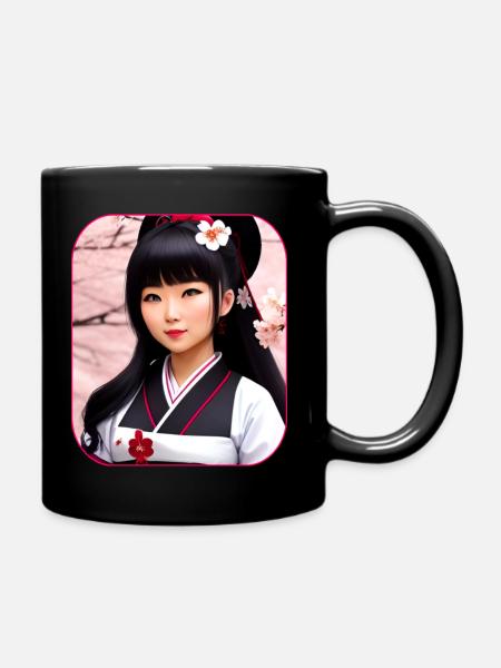 Niedliche Geisha mit Kirschblüten - Tasse einfarbig - Schwarz