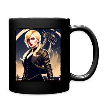Blonde girl in cool steampunk style with dragon - Full Colour Mug - black - Right