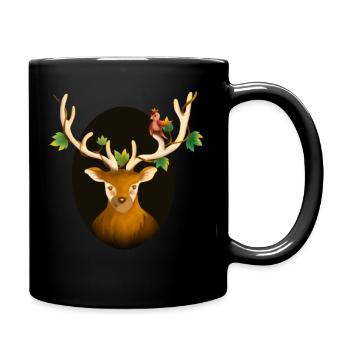 Niedliches Reh mit einem Vogel - Tasse einfarbig - Schwarz - Rechts