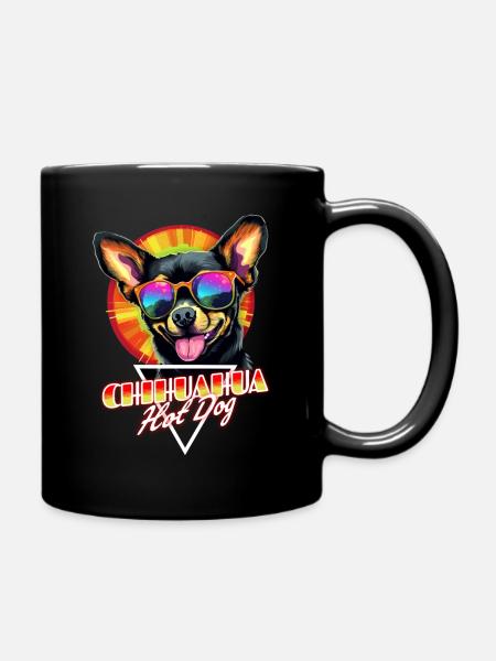 Retro Wave Chihuahua Hot Dog Shirt - Full Colour Mug - black