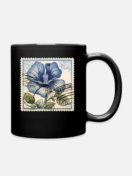 Vintage Postage Stamp Blue Flower - Full Colour Mug - black