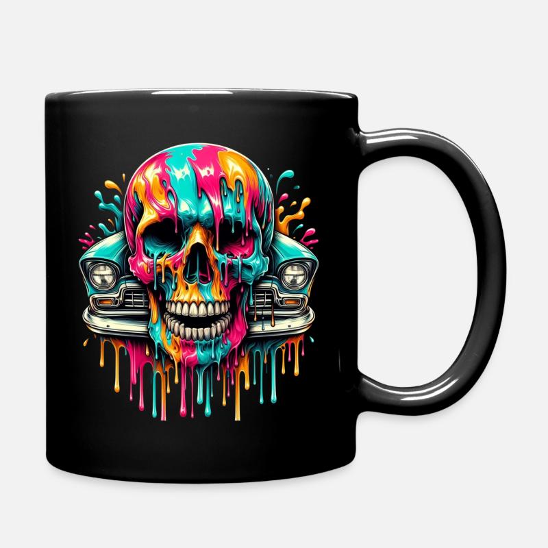 Splasheffekt: Totenkopf mit Oldtimer, Retro - Tasse einfarbig - Schwarz