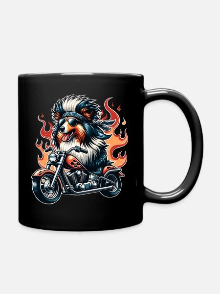 Biker Hund Auf Motorrad Mit Flammen Sheltie - Tasse einfarbig - Schwarz