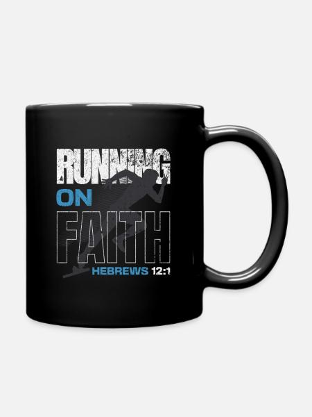 🏃‍♂️Blue "Running on Faith" Hebrews 12:1 - Full Colour Mug - black