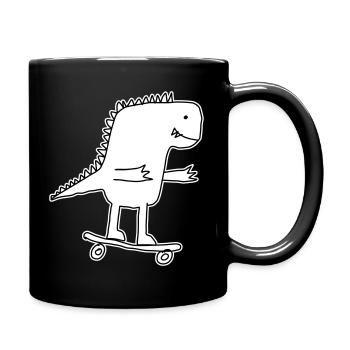 Dino Skateboard Cartoon, Cool Dinosaur Nerd Kids - Full Colour Mug - black - Right