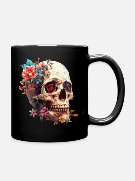 Crâne, crâne avec des fleurs - Mug uni - noir