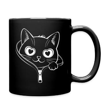 Cute Peeking Zipper Cat - Kawaii Heart Eyes Kitty - Full Colour Mug - black - Right