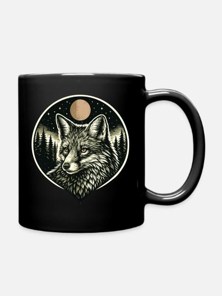 Silent Mind - Fox in Woodcut Style - Full Colour Mug - black